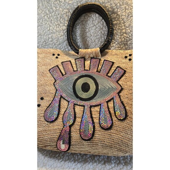 Vintage Handcrafted Straw "Evil Eye" Purple Sequin Beach Tote Purs - Picture 15 of 16